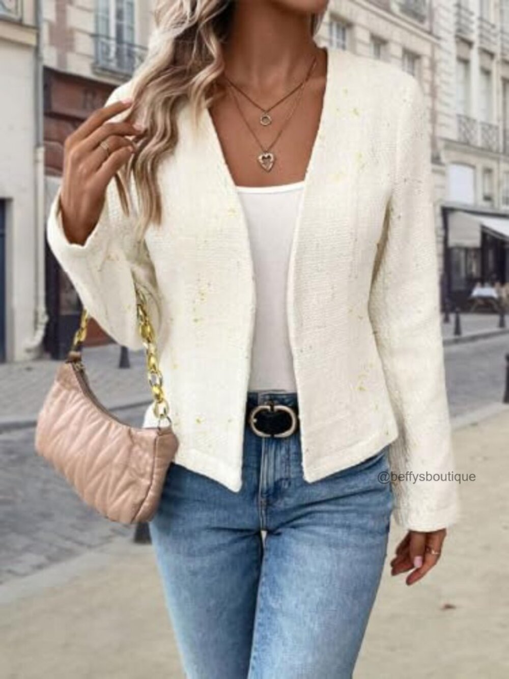 Collarless Open Front Fitted Tweed Blazer Jacket Fully Lined Casual Work Coat - Picture 2 of 6
